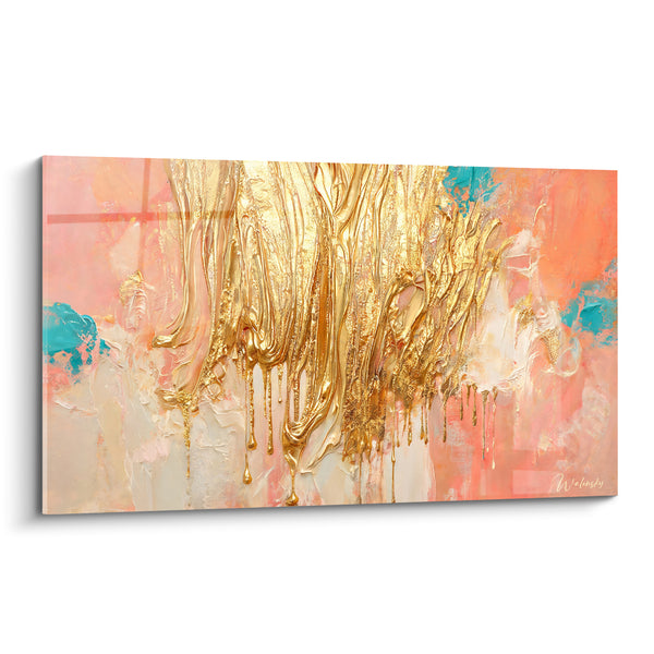 Tableau Coulures dorées sur fond corail - Cascade précieuse - Edition Texturé Abstrait
