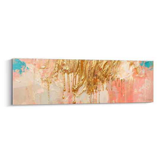 Tableau Coulures dorées sur fond rose poudré - Fusion précieuse - Edition Texturé Abstrait