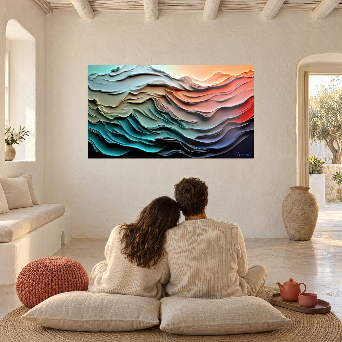 Tableau dunes de papier ondulées, vert d'eau, rouge corail et bleu nuit, couple assis sur des coussins face au mur