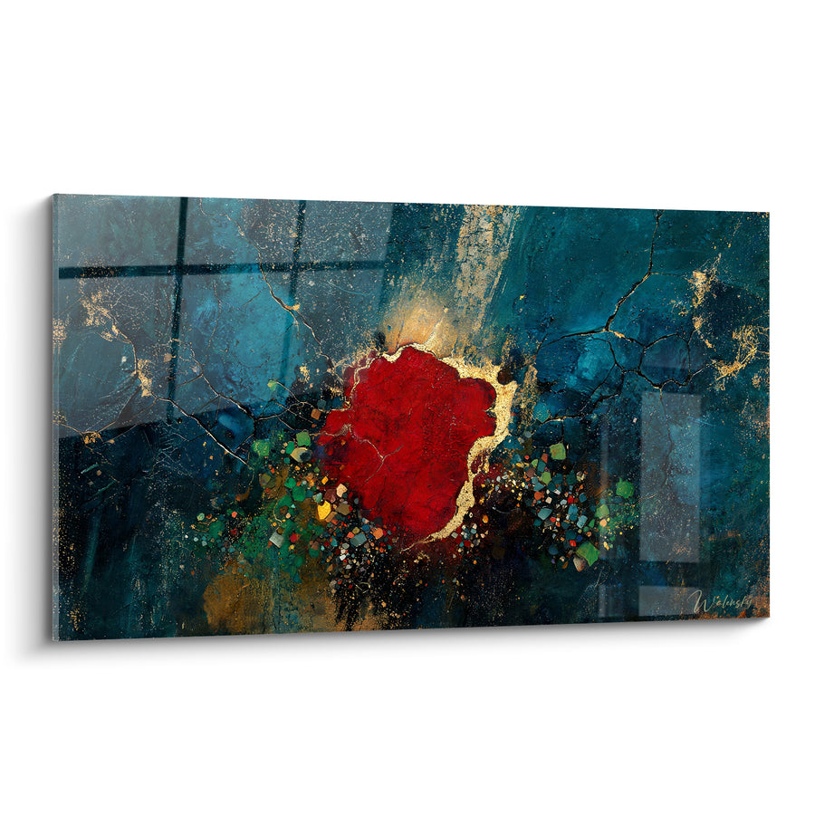 Tableau Fissure rouge et dorée sur bleu sarcelle - Fracture incandescente - Edition Texturé Abstrait