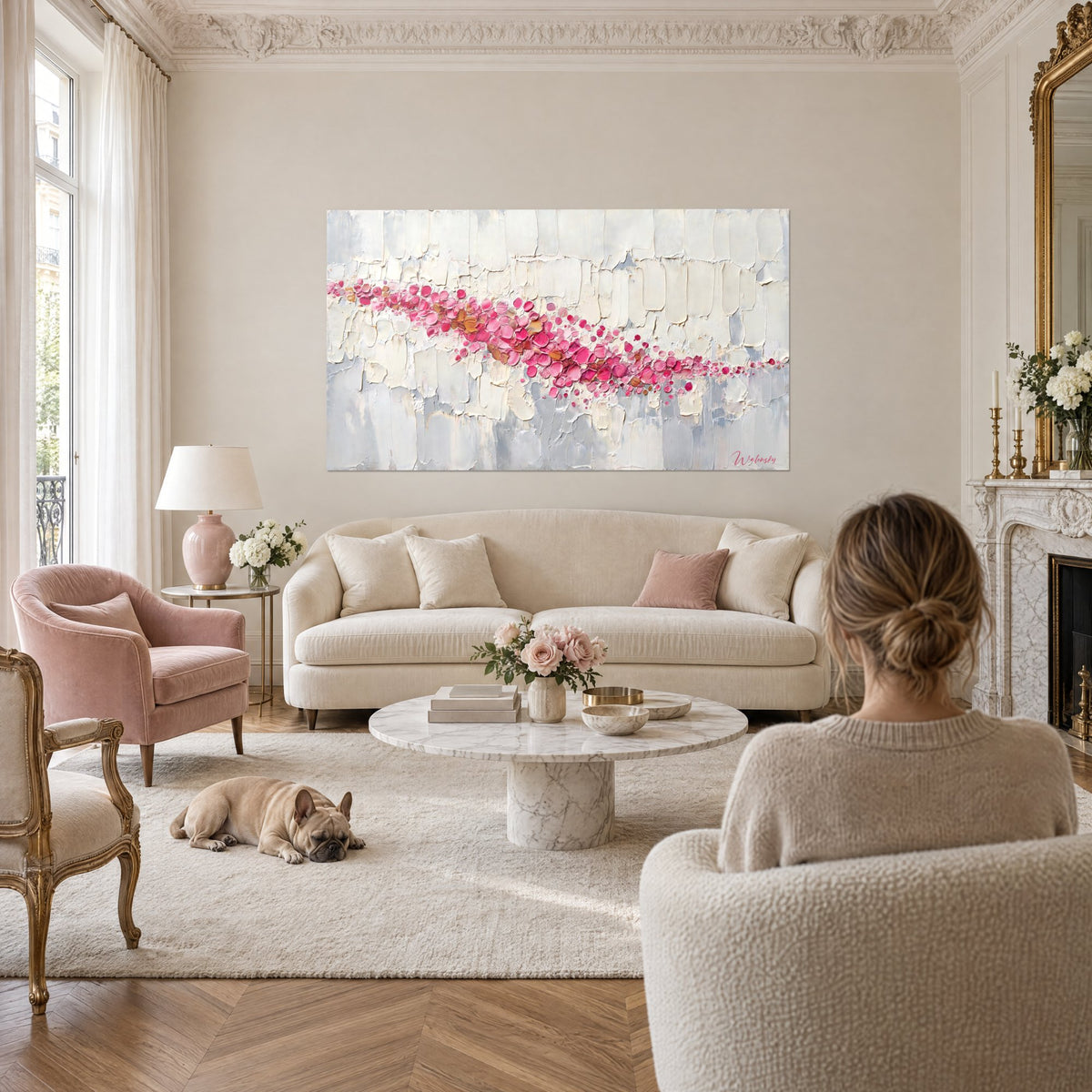 Tableau traînée de pétales roses en relief sur fond crème et gris perle, au-dessus d'un canapé dans un salon lumineux