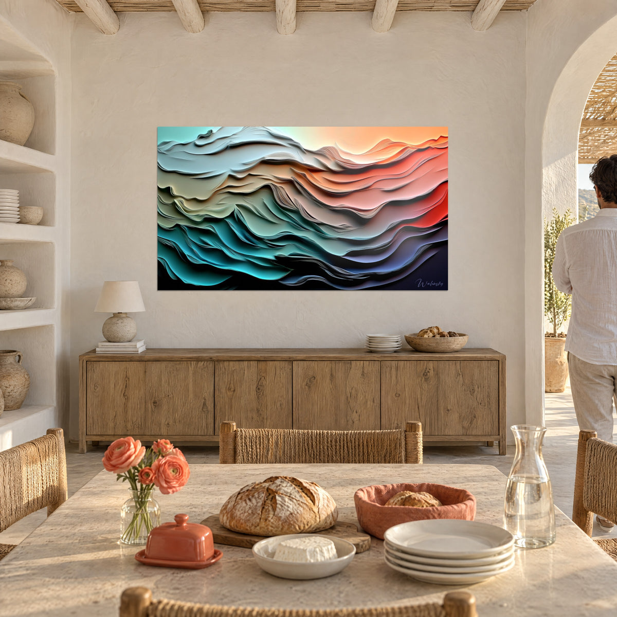 Tableau reliefs fluides bleu pétrole et orange abricot, bords d'arches ombrés, salle à manger méditerranéenne chaleureuse