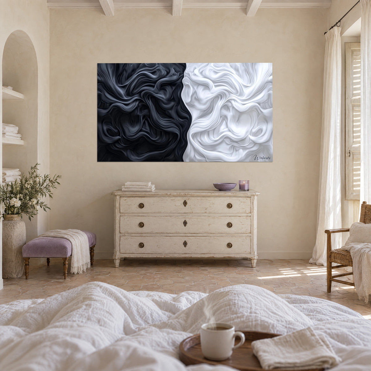 Wall art of ebony and snow-white satin swirls with bluish reflections, hung above a bed in a light bedroom