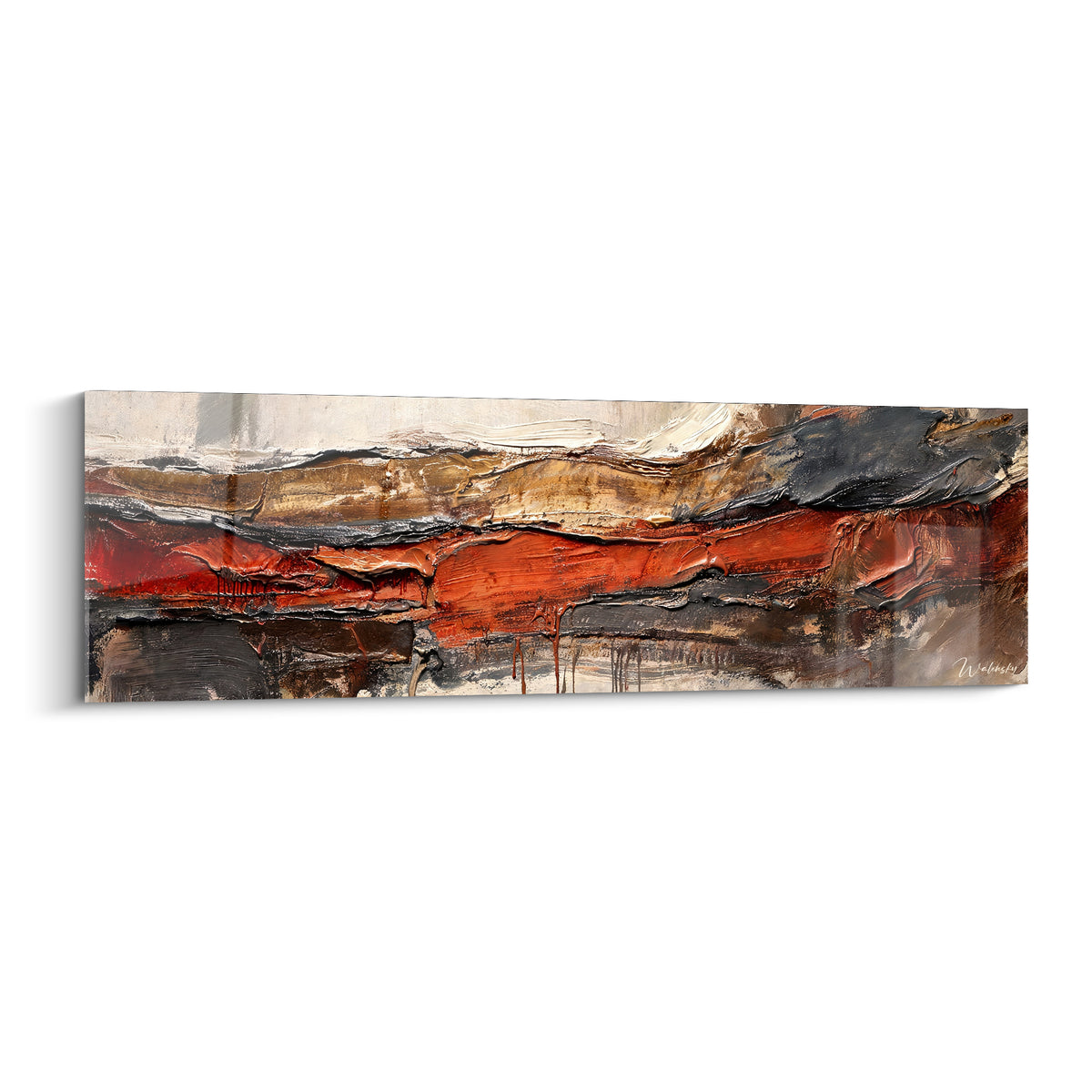 Tableau faille rocheuse terracotta et anthracite aux strates sculptées en relief épais