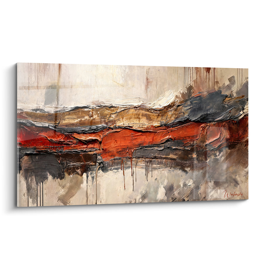 Tableau Strate rouge et anthracite aux coulures verticales - Bande horizontale de matière - Edition Texturé Abstrait