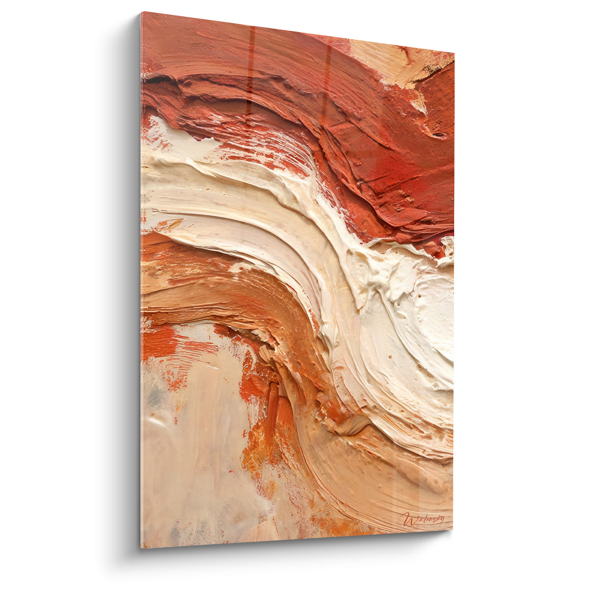 Tableau texturé abstrait aux reliefs terracotta et crème sculptés en vague épaisse