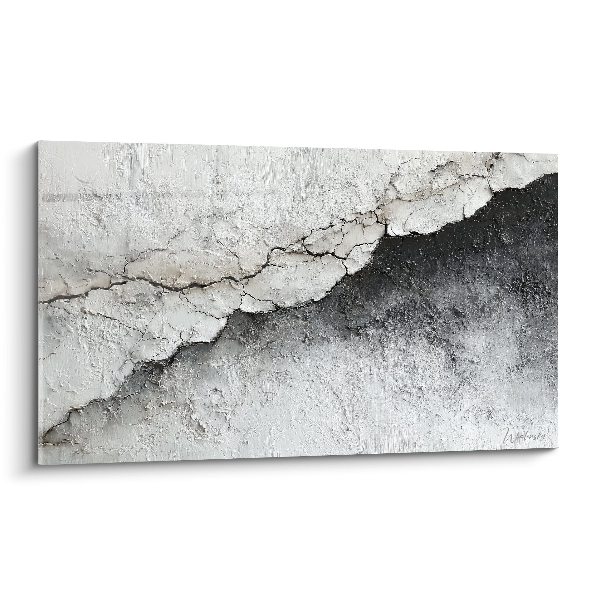 Tableau texture murale fissurée blanc et gris avec craquelures et reliefs sculptés feng shui métal