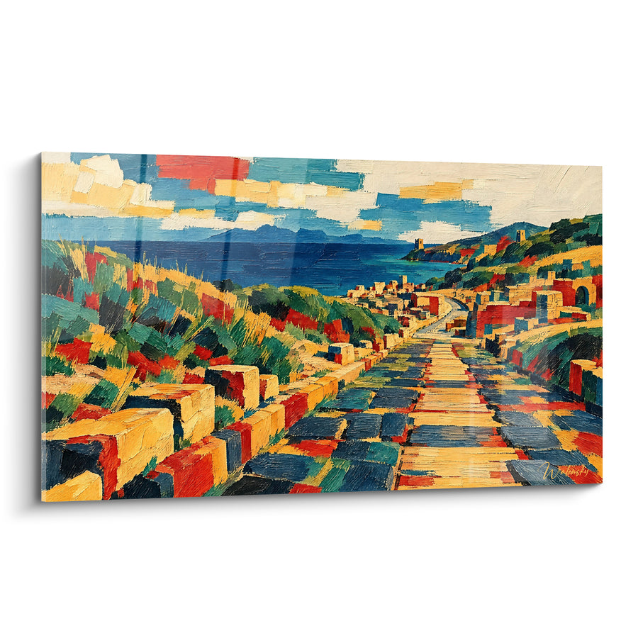 Tableau Voie antique dorée et bleue vers la mer - Chemin vers l'horizon - Edition Tharros Sardaigne Italie