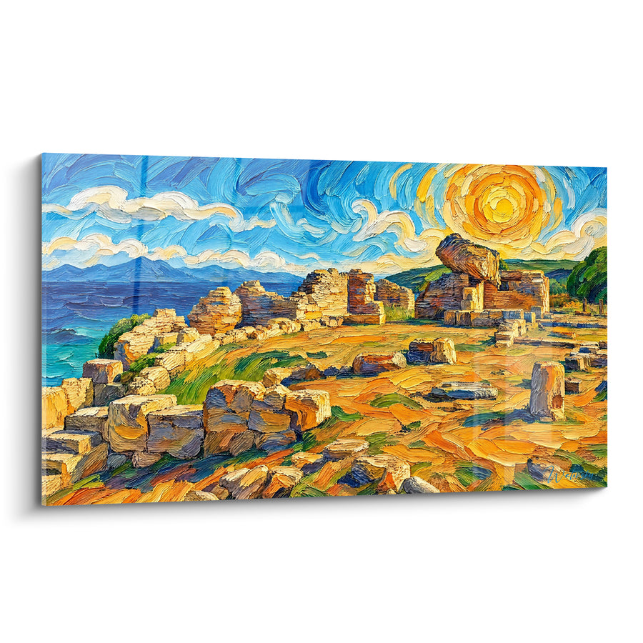 Tableau Ruines antiques dorées au soleil bleu - Mémoire antique - Edition Tharros Sardaigne Italie
