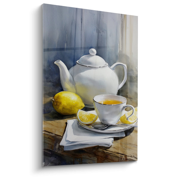 Schilderij van een witte theepot en citroenen op verweerd hout - De kunst van de thee - Japanse theepotten editie