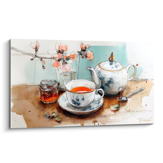 Tabel kunst van het tafelen aquarel zachte tinten roze koraal blauw pastel - Japanse delicatesse - Editie Japanse theepot