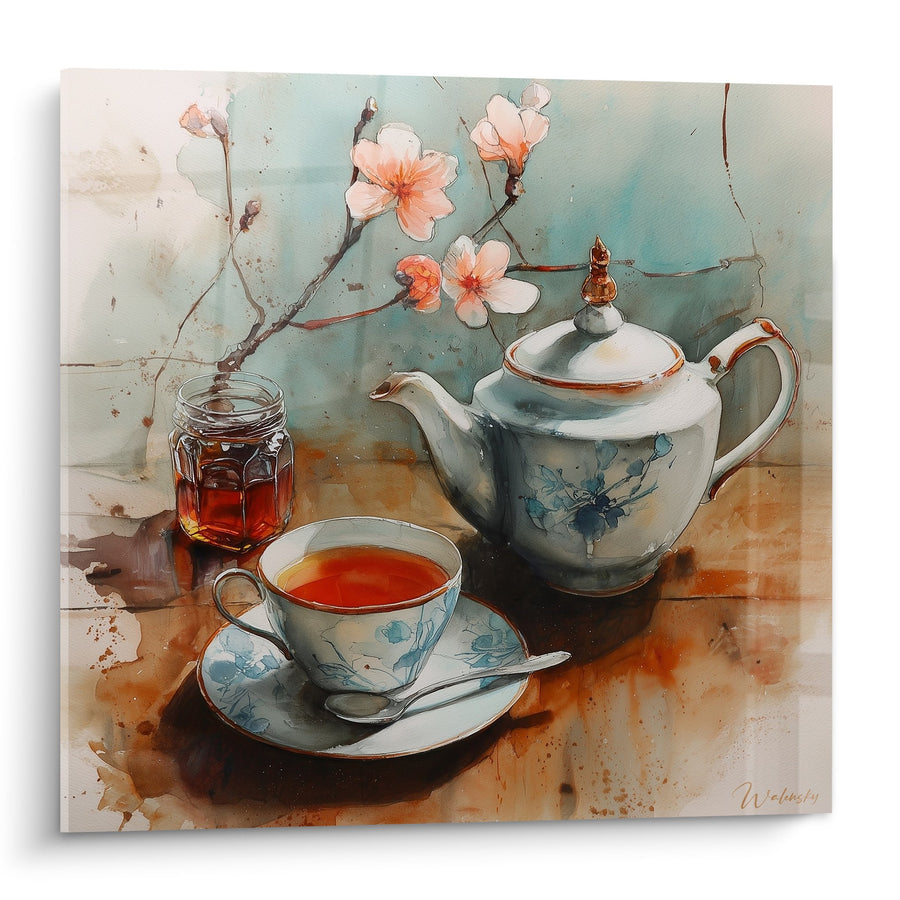 Tableau aquarelle service à thé porcelaine bleue et miel avec branche de cerisier - Harmonie printanière - Edition théière japonaise