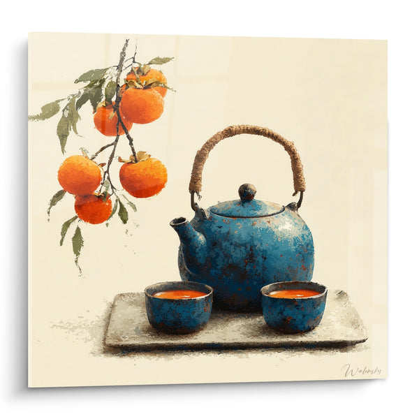 Tabel Kunst van Japanse Thee Ceremonie Blauw en Groen Glazuur Theepot en Herfsthaai - Thee Ritueel - Editie theepot
