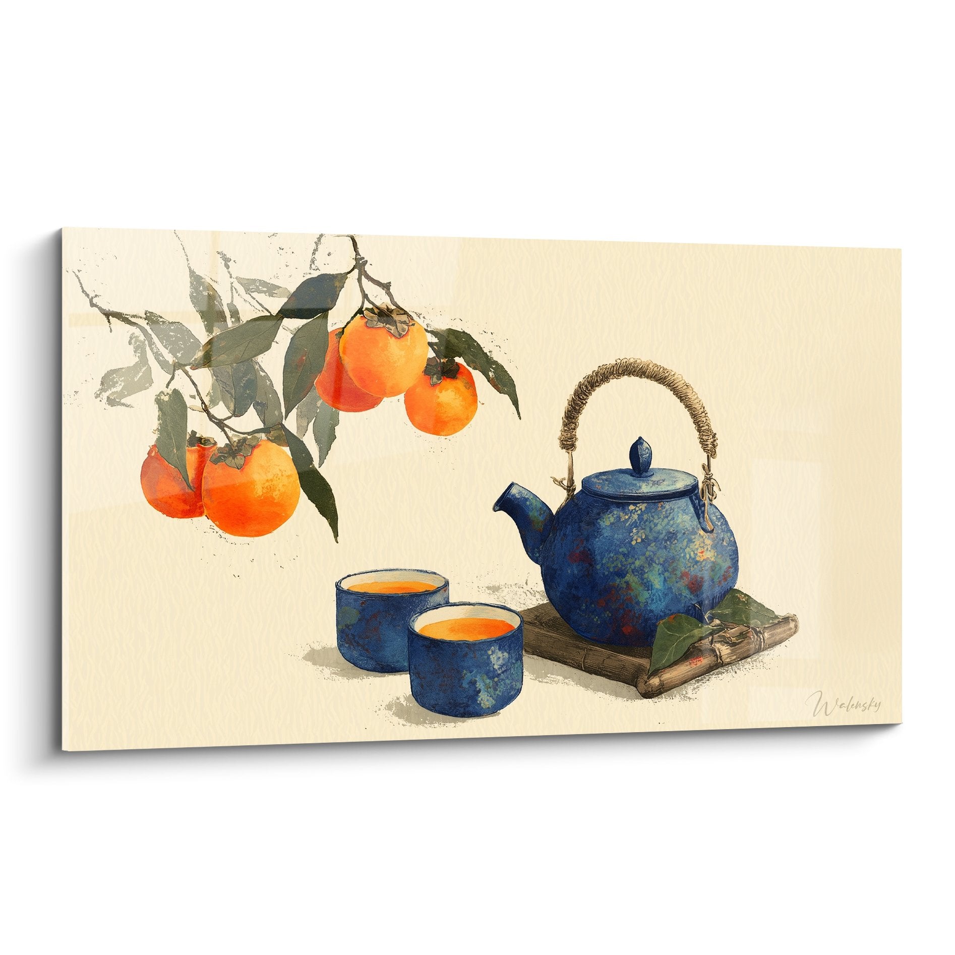 Tableau theiere japonaise bleue avec oranges sur branche et tasses assorties style aquarelle oriental