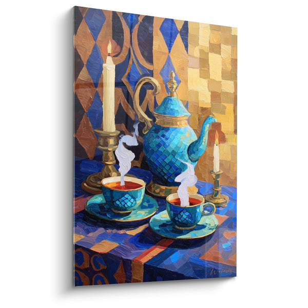 Tableau théière bleue ornementée avec tasses et bougies dans un décor mosaïque - Cérémonie du thé - Edition théière japonaise