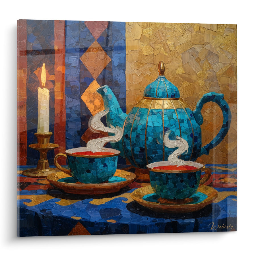 Tableau service à thé bleu azur avec bougie et décor géométrique doré - Rituel traditionnel chaleureux - Edition théière japonaise