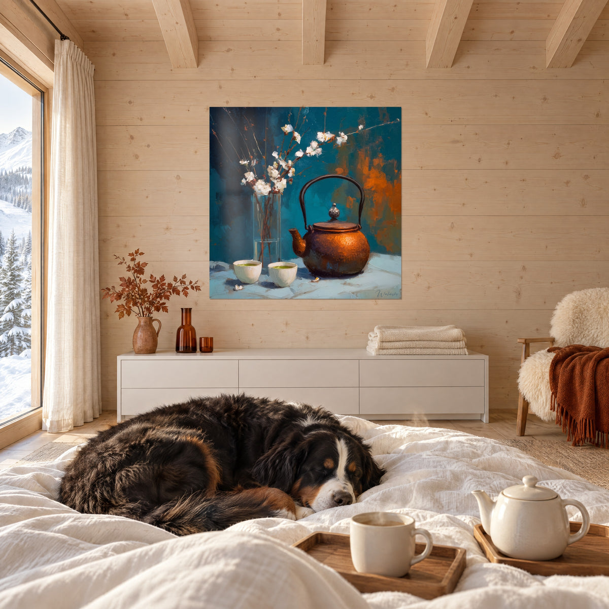 Quadro servizio da tè giapponese, teiera arancio bruciato e rami bianchi su fondo turchese, cane nero sdraiato, sopra un letto in una camera luminosa