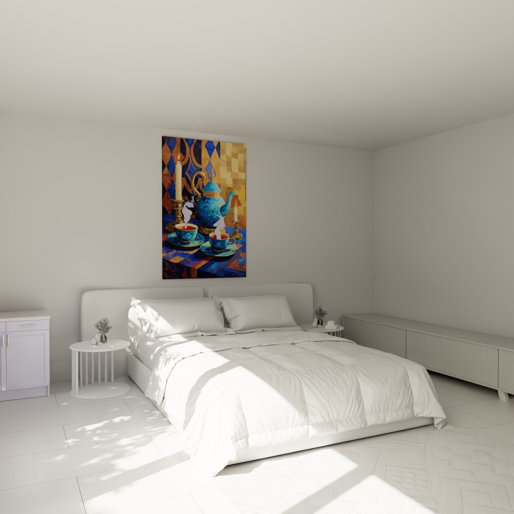 Blue Japanese teapot wall art in modern bedroom with zen decor and warm tones