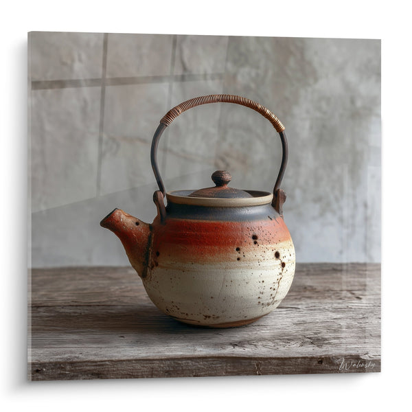 Tableau théière artisanale aux teintes cuivrées et crème sur bois brut - Sérénité nippone - Edition théière japonaise