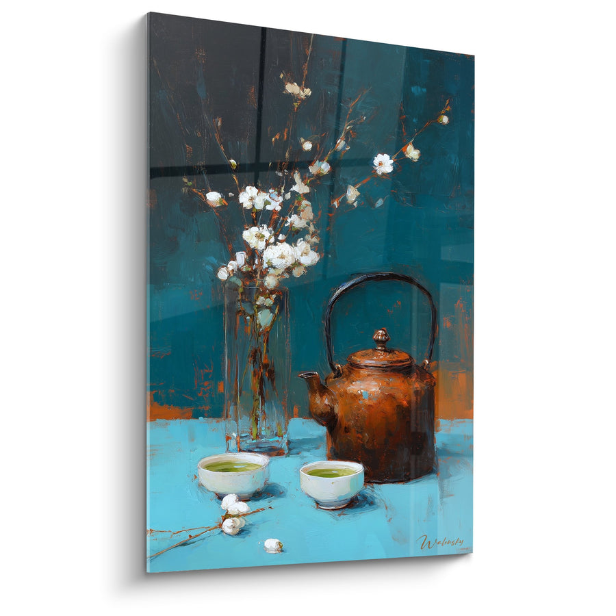 Schilderij tafelsdecoratie met bruine theepot en kersenbloesems op turquoise oppervlak - Zen ritueel - Theepot editie