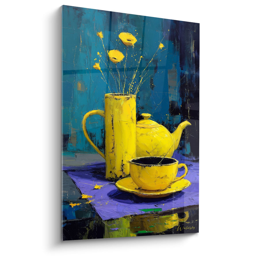 Schilderij theepot en kopje geel op blauw turquoise achtergrond - Gouden harmonie - Japanse theepot editie