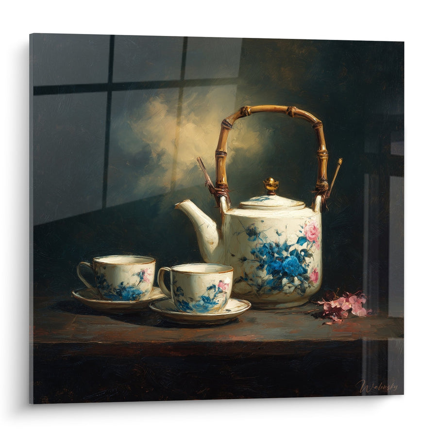 Tableau théière porcelaine fleurie avec tasses sur table bois - Délicatesse orientale - Edition théière japonaise