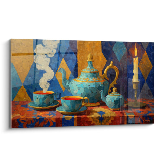 Schilderij theeservies turquoise en goud op kleurrijke geometrische motieven - Oosterse Harmonie - Editie Japanse theepot