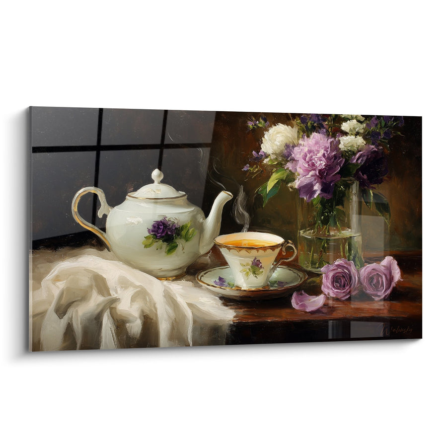 Schilderij theeservies paars en wit met bloemenboeket - Florale elegantie - Editie Japanse theepot