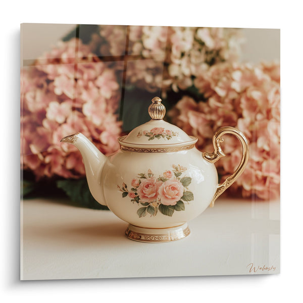 Schilderij theepot porselein bloemen gouden rozen achtergrond hortensia's - Florale elegantie - Editie Japanse theepot
