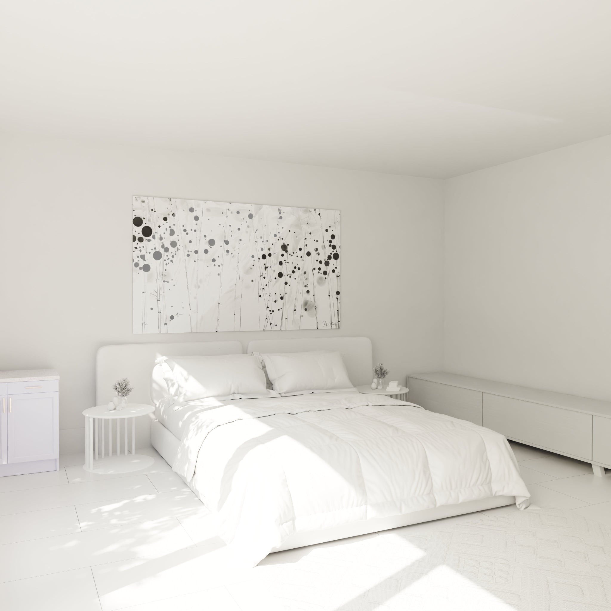 Tableau tacheté noir et blanc Walensky accroché au-dessus d'un lit dans une chambre moderne