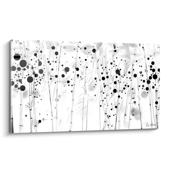 Tableau tacheté noir et blanc de Walensky avec des motifs graphiques en bambou et des cercles noirs