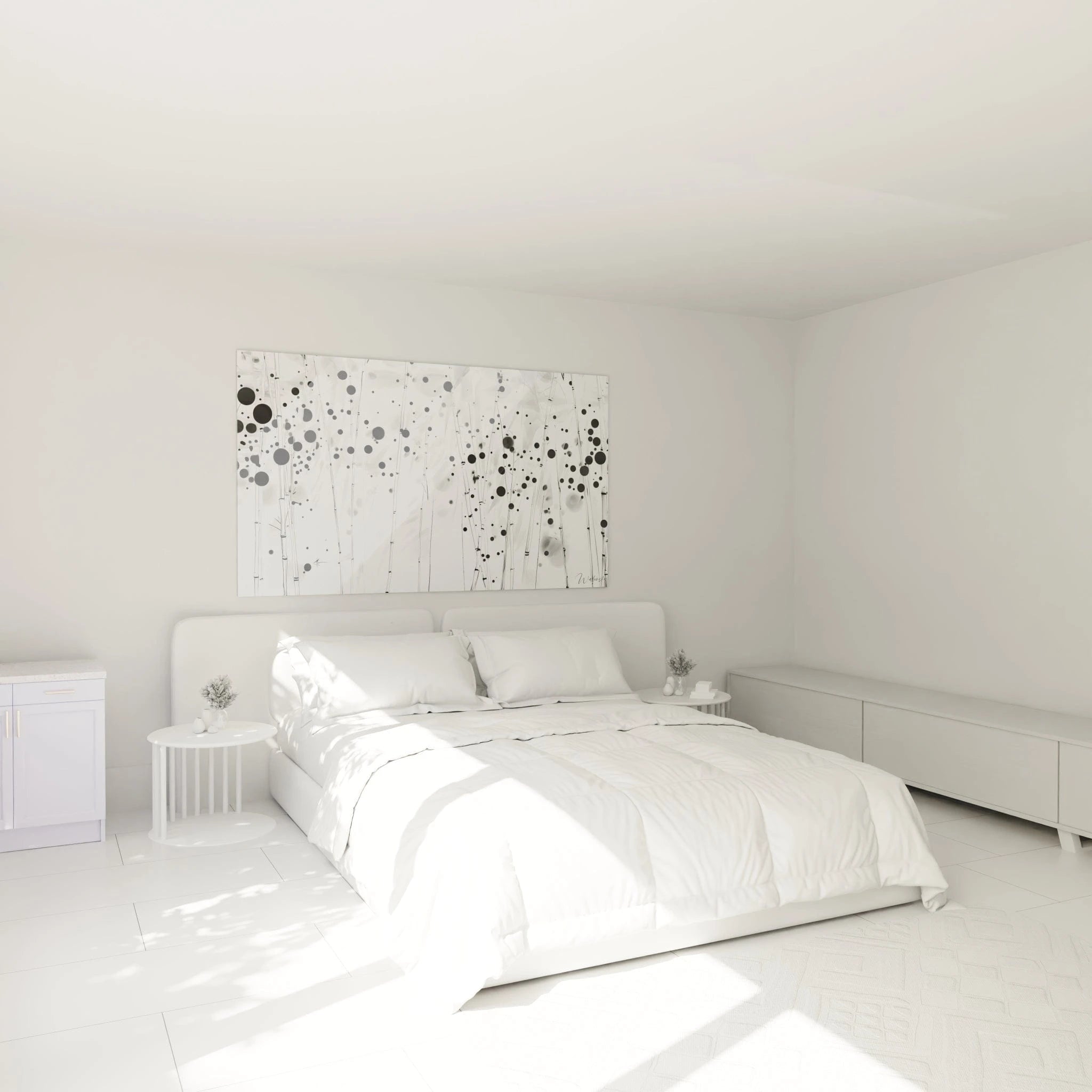 Tableau tacheté noir et blanc Walensky accroché au-dessus d'un lit dans une chambre moderne