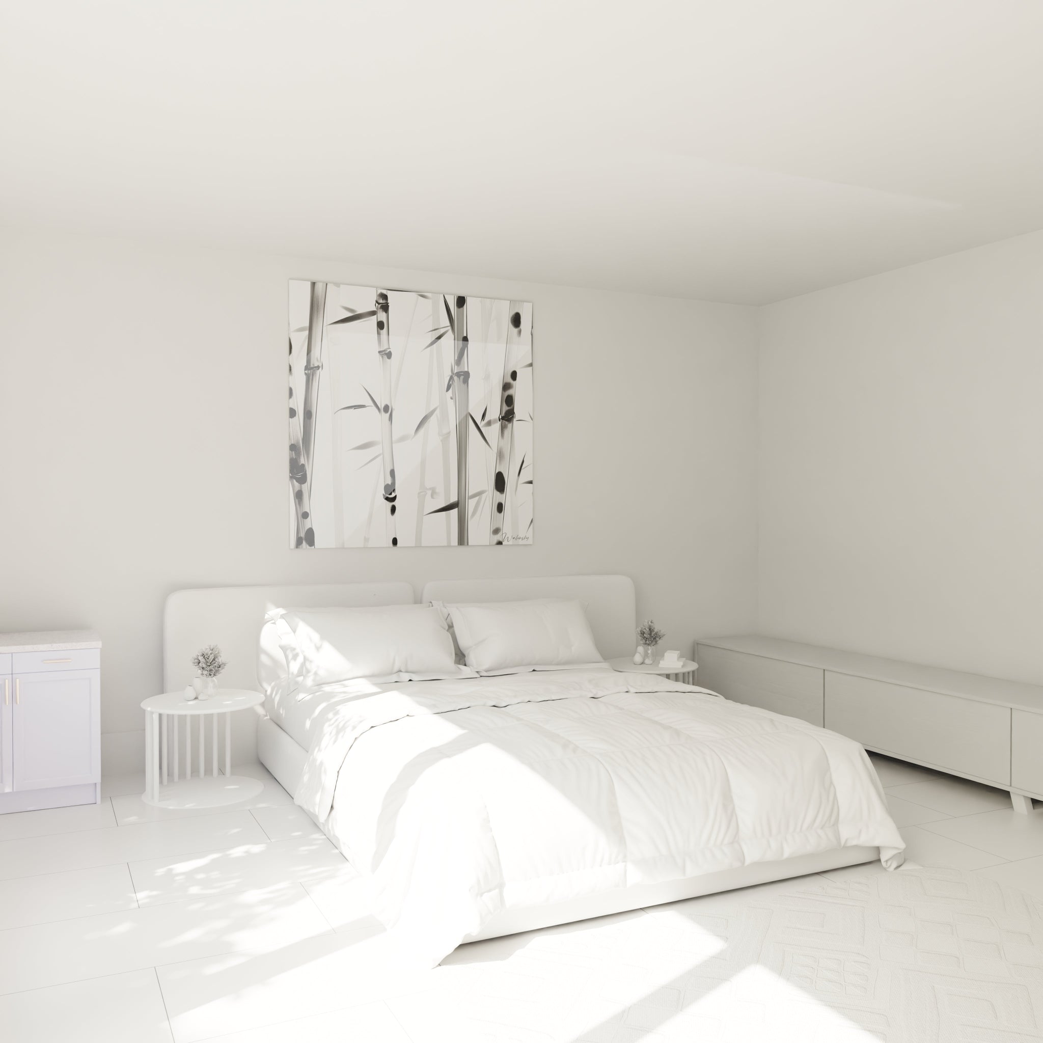 Tableau tacheté noir et blanc Walensky accroché dans une chambre moderne et lumineuse