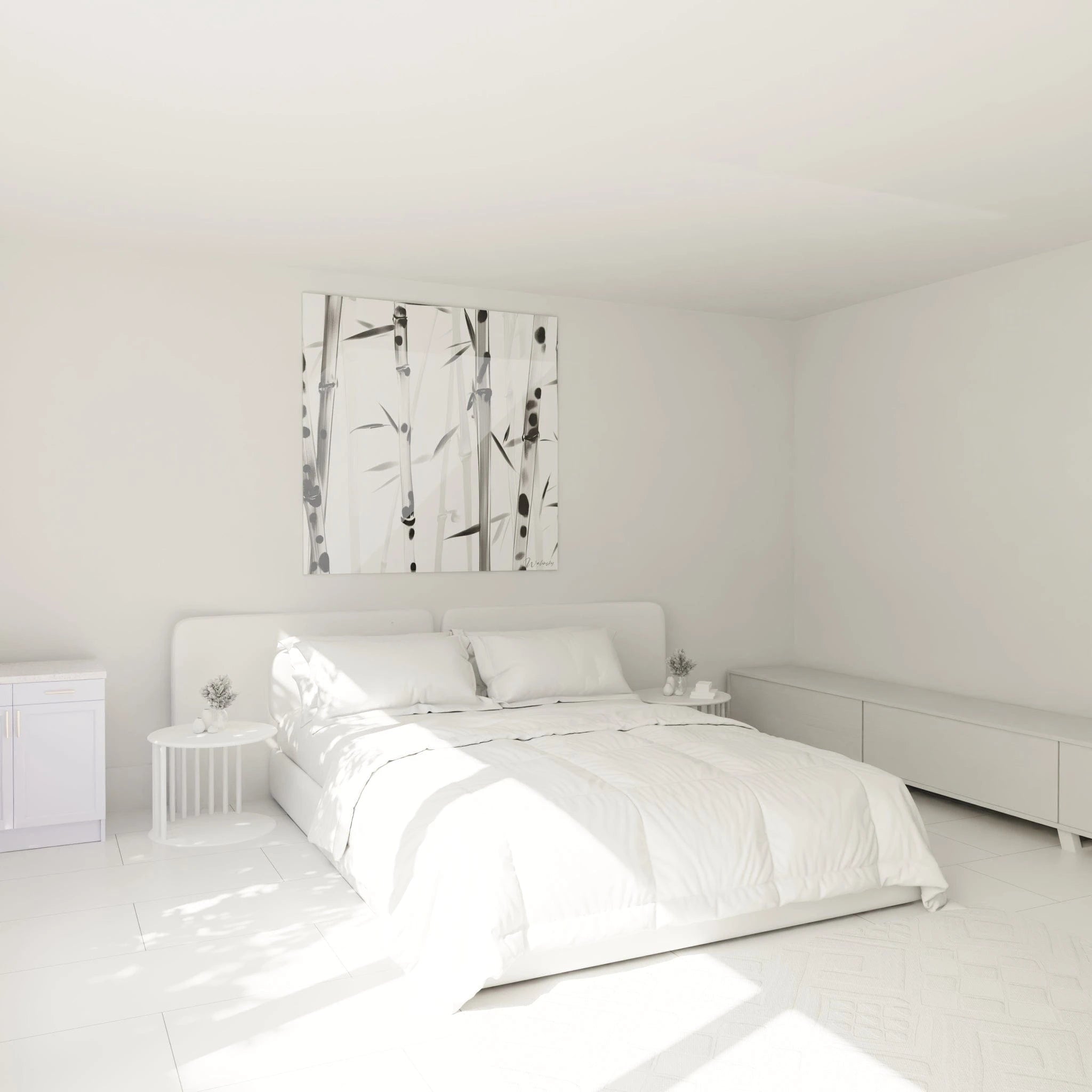 Tableau tacheté noir et blanc Walensky accroché dans une chambre moderne et lumineuse
