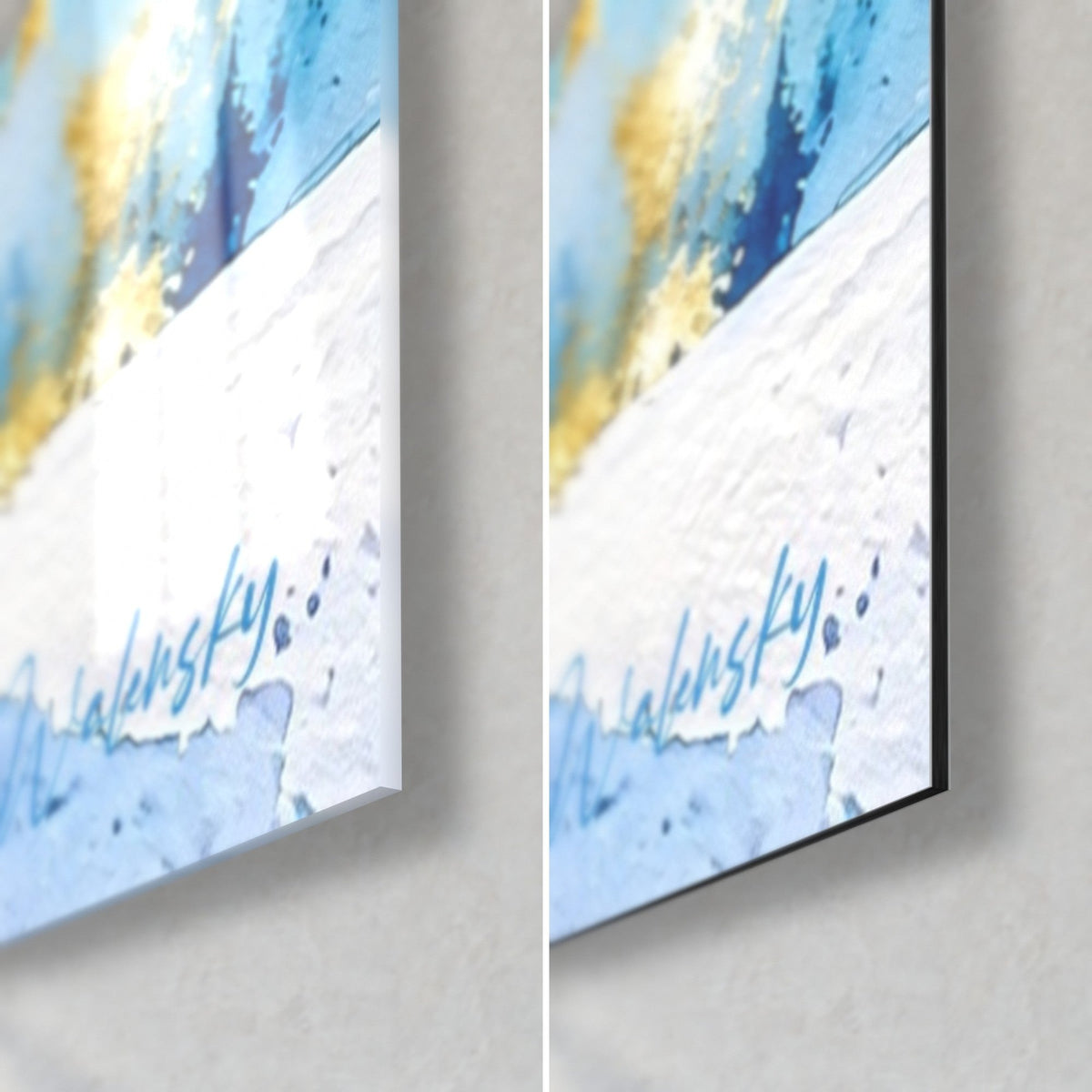 Tableau montagne enneigée aquarelle, coin bas droit : verre brillant à gauche, Dibond mat à droite, signature bleue, tranche noire