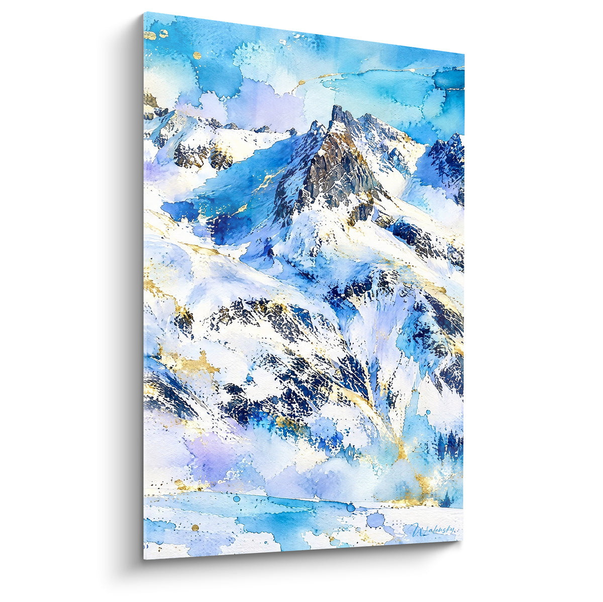 Tableau sommet de Tignes aux crêtes sombres, aquarelle bleu marine, blanc neige et touches dorées