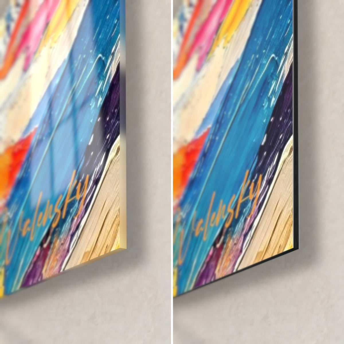 Tableau sommets enneigés peints au couteau, coin bas droit : verre acrylique brillant à gauche, Dibond noir mat à droite, tranche de 3 mm