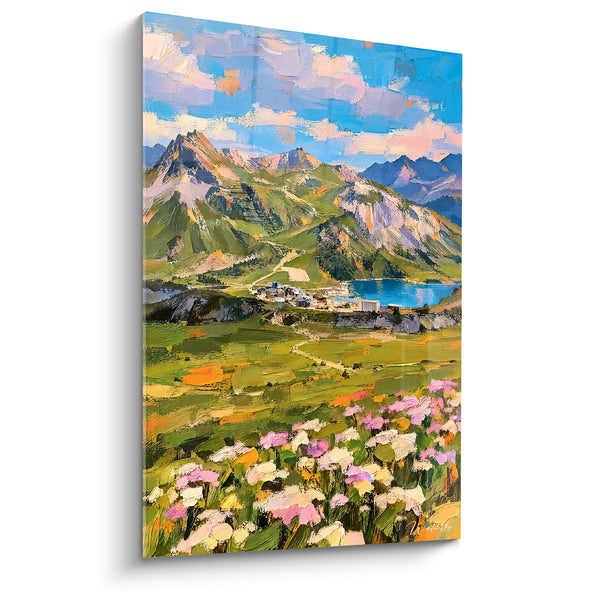 Quadro Villaggio alpino verde e blu sul lago - Estate in alta quota - Edizione Tignes Auvergne-Rhône-Alpes Francia
