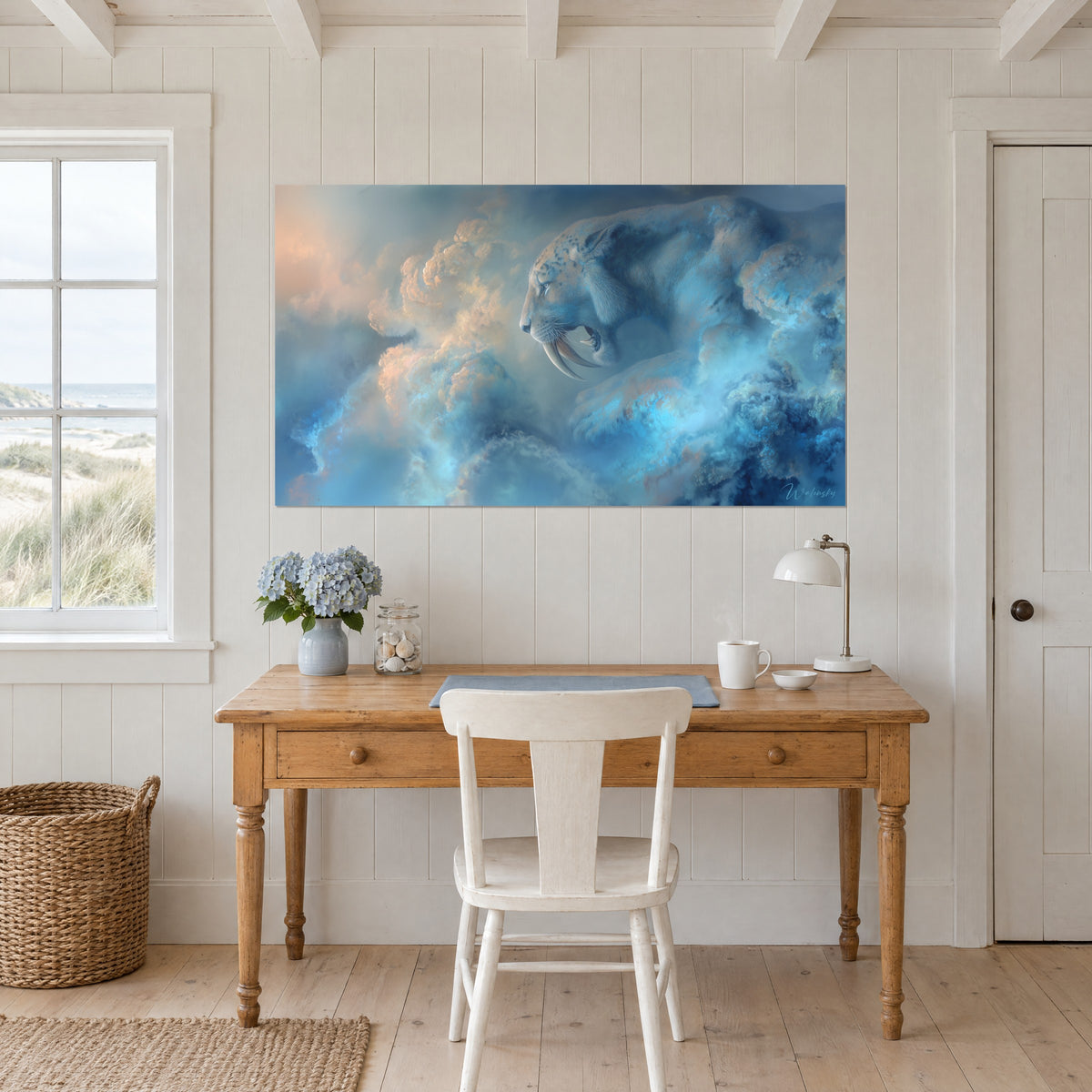 Wall art Pleistocene predator with jaws wide open, sapphire and apricot clouds, above a wooden desk and a white chair