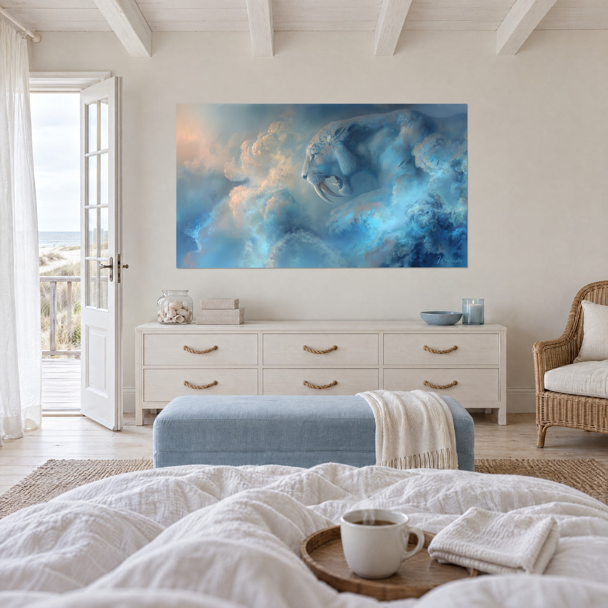 Wall art prehistoric big cat in profile, ivory fangs amid turquoise and orange clouds, above a bed in a light bedroom