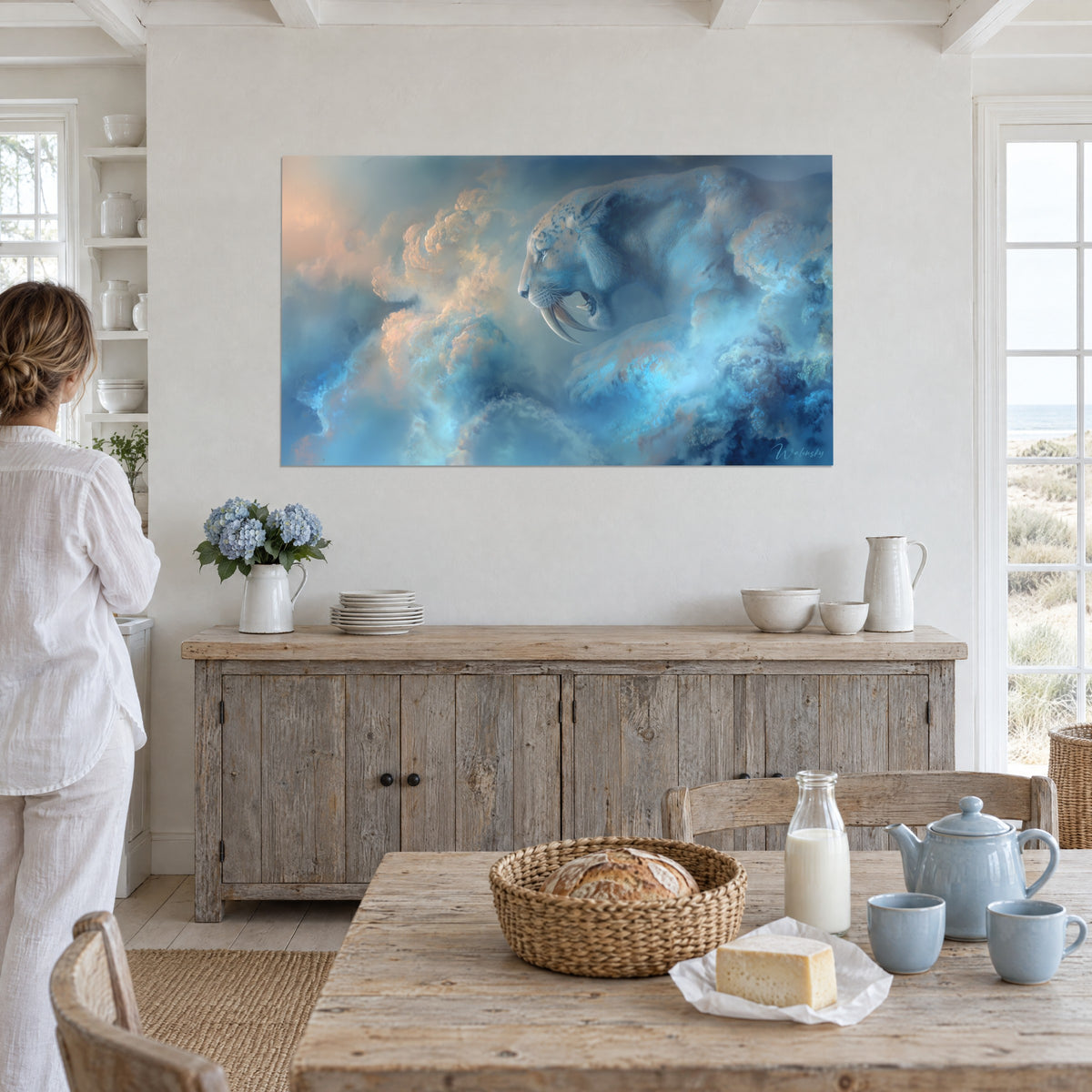 Wall art great ice age cat with ivory fangs, bluish fur in cobalt and peach clouds, white slatted wooden walls