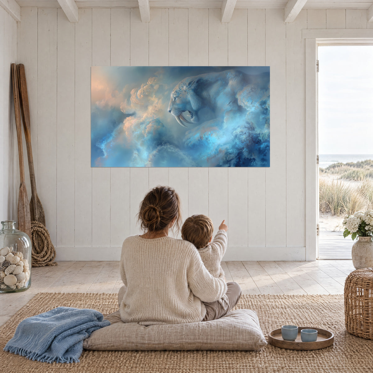 Wall art Smilodon with curved canines in a cloudy blue and rose-gold sky, mother and child seated on a floor cushion