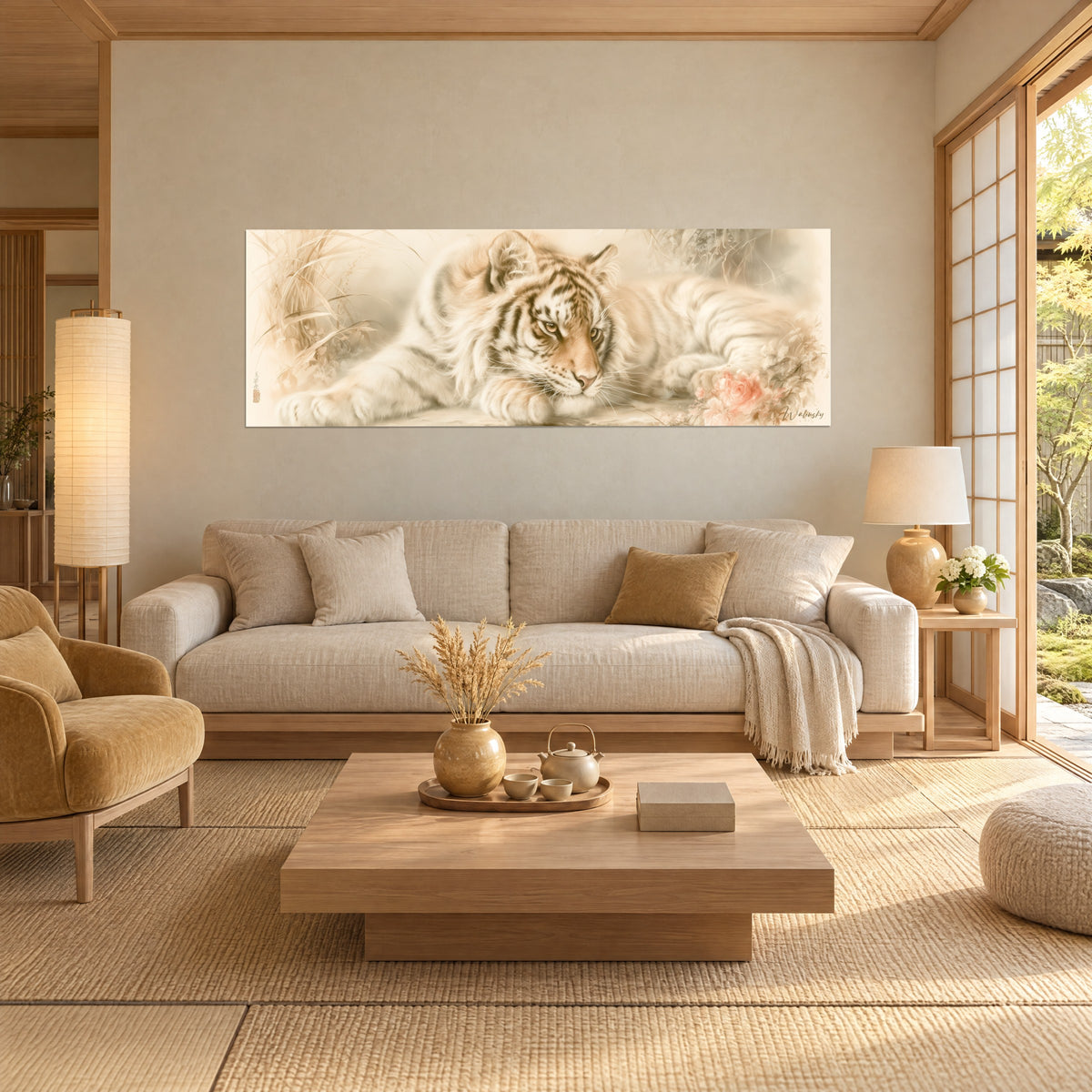 Quadro tigre sdraiato dalle strisce marroni su pelliccia avorio e rose pallide, appeso sopra un divano in un soggiorno luminoso