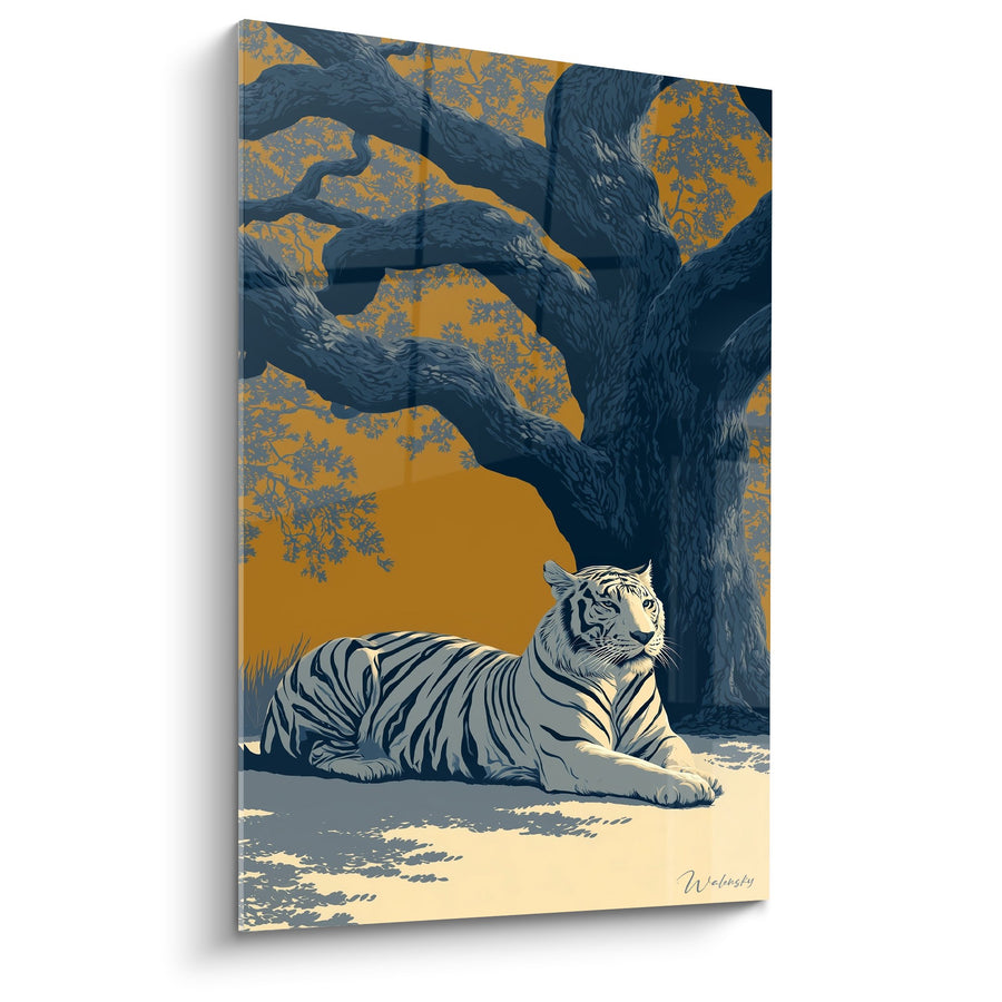 Tableau Tigre allongé sous arbre majestueux tons orange et bleus - Majesté Sauvage - Edition Tigre