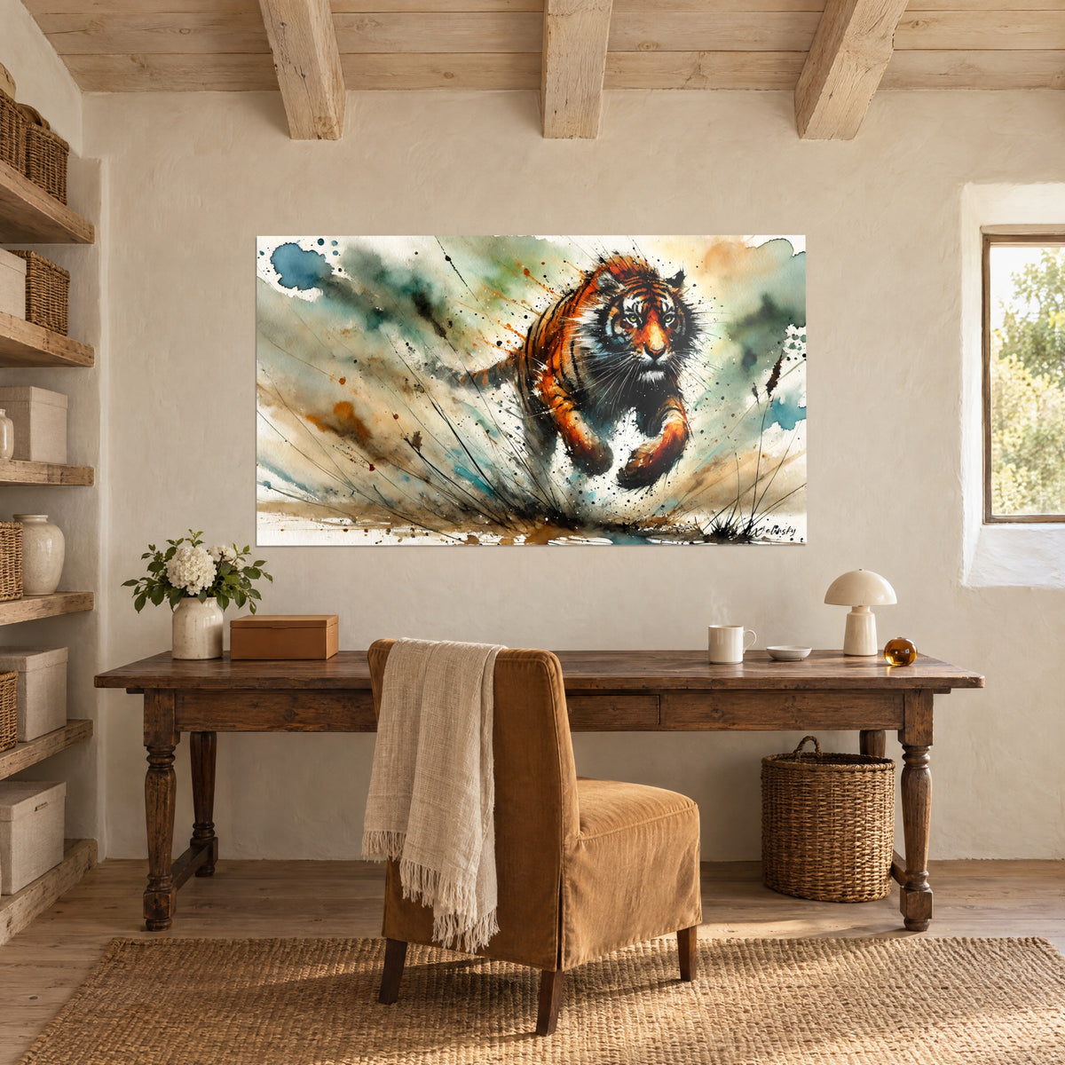 Wall art of a wild cat with a russet muzzle, black ink in sprays, beige and turquoise wash, on the wall of a wooden office