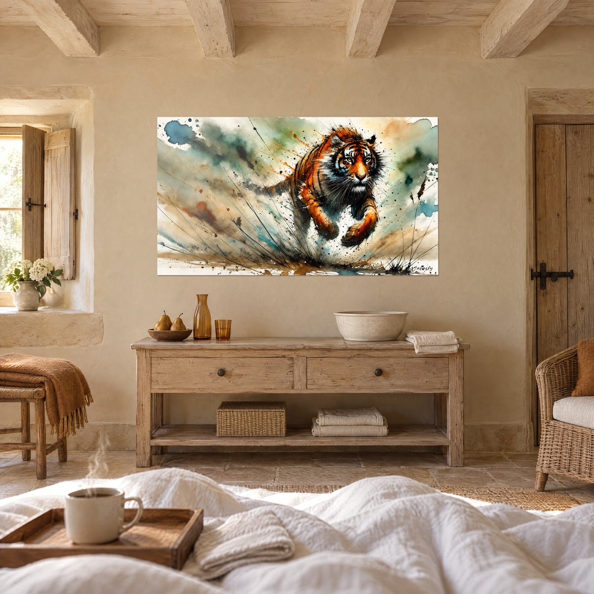 Wall art of a large wild cat charging through grass, orange and black stripes, green wash, above a bed in a light bedroom