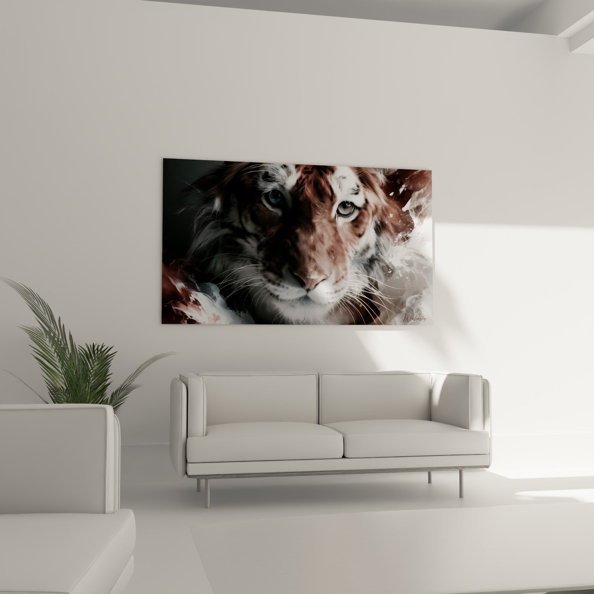 Portrait de tigre bordeaux aux moustaches délicates, disposé au-dessus d'un canapé dans un salon lumineux