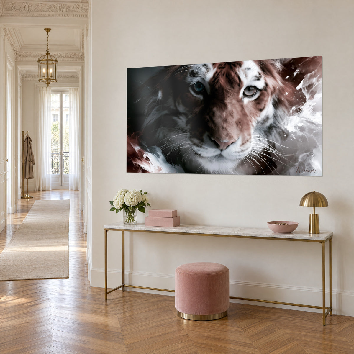 Wall art striped feline in burgundy and ivory, white smoke curls, on a gilded console, Haussmann-style hallway