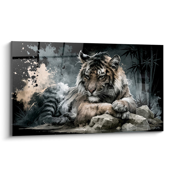 Tableau Tigre allongé anthracite et fauve sur rochers - Veille nocturne - Edition Tigre