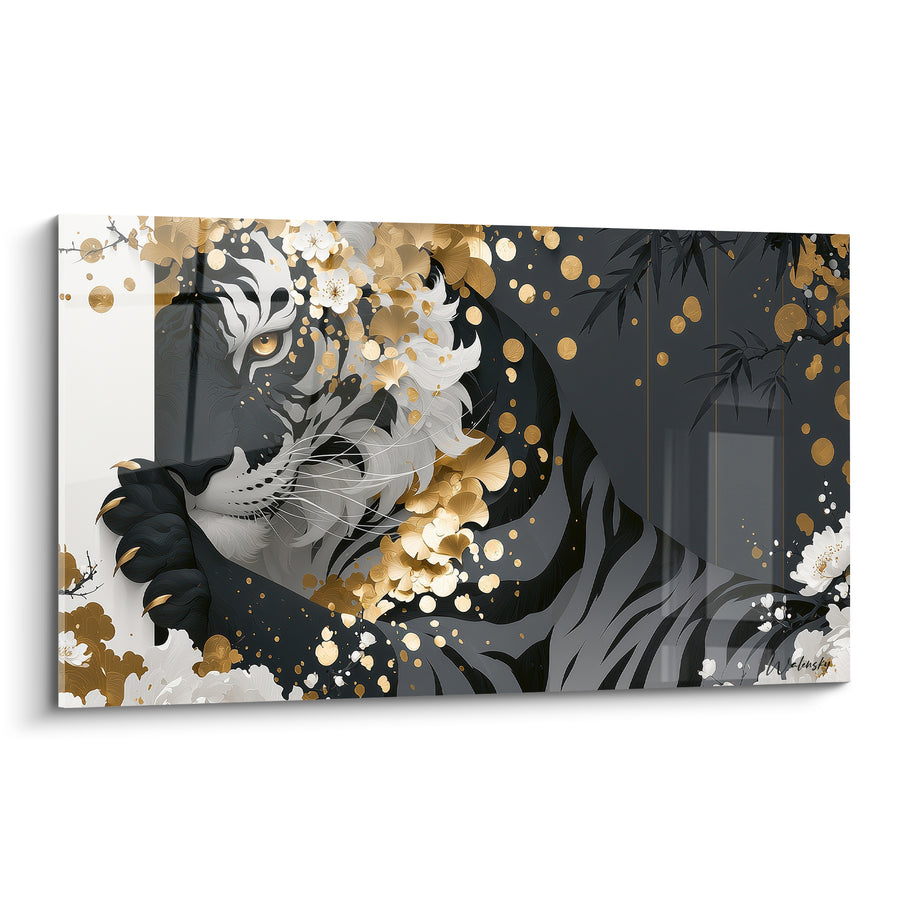 Tableau Tigre anthracite et doré aux fleurs de cerisier - Éveil japonisant - Edition Tigre
